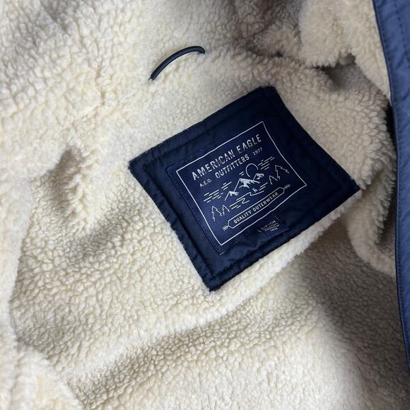 AMERICAN EAGLE OUTFITTERS Men's Nylon Parka Jacket Sz S Sherpa‎ Hood Dark Navy - Picture 9 of 9